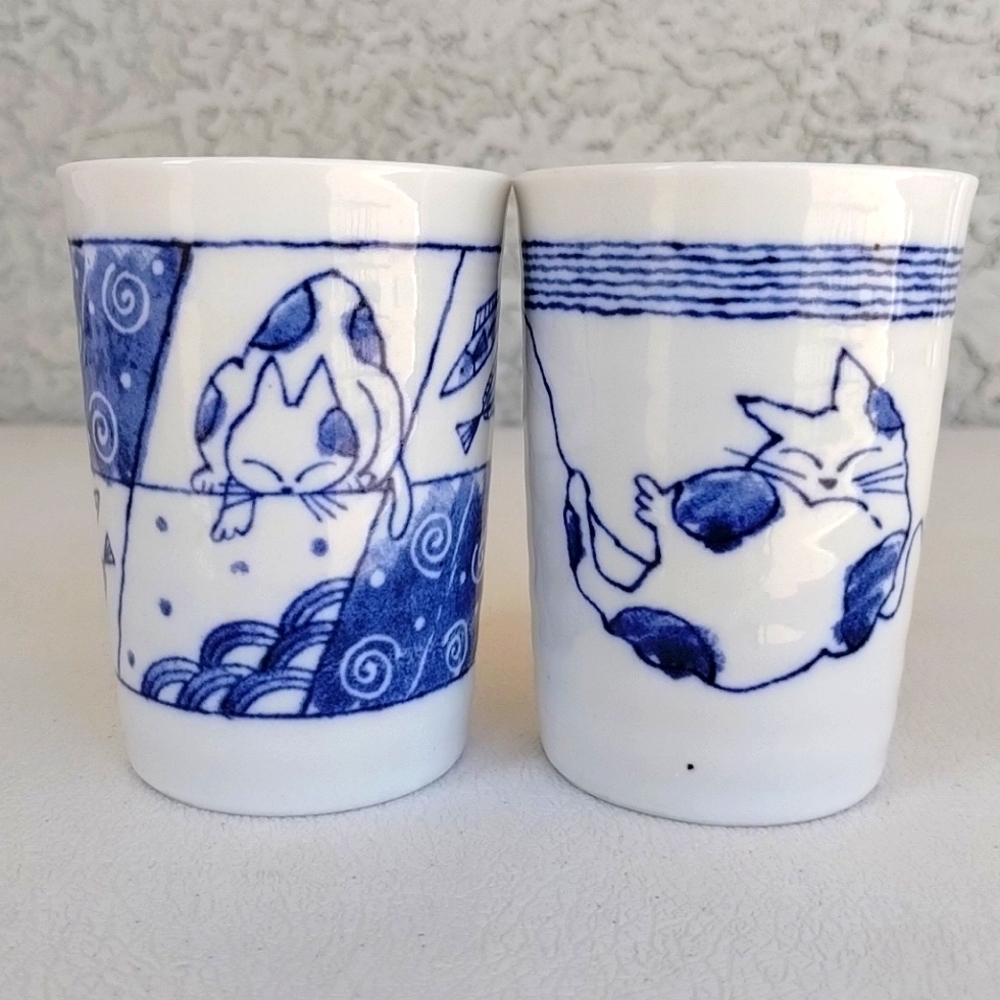 Kotobuki Cat Teacups Set Of 2 Blue and White Cat Design Cups